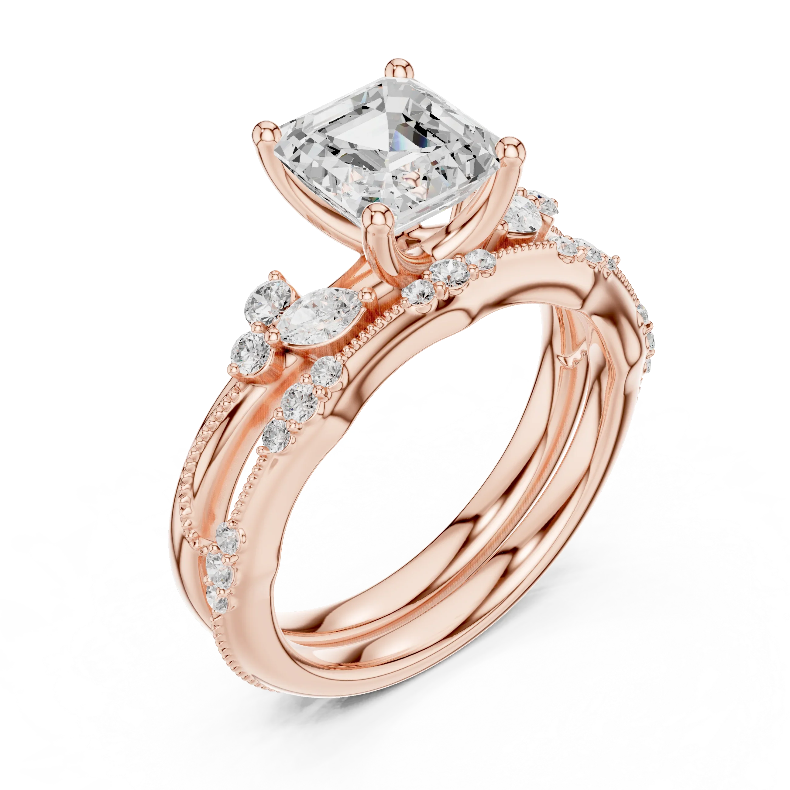2.37 CTW Asscher Cut Moissanite Diamond Engagement Ring with Nature-Inspired Vine Band and Pear Side Accents in 14K White Gold