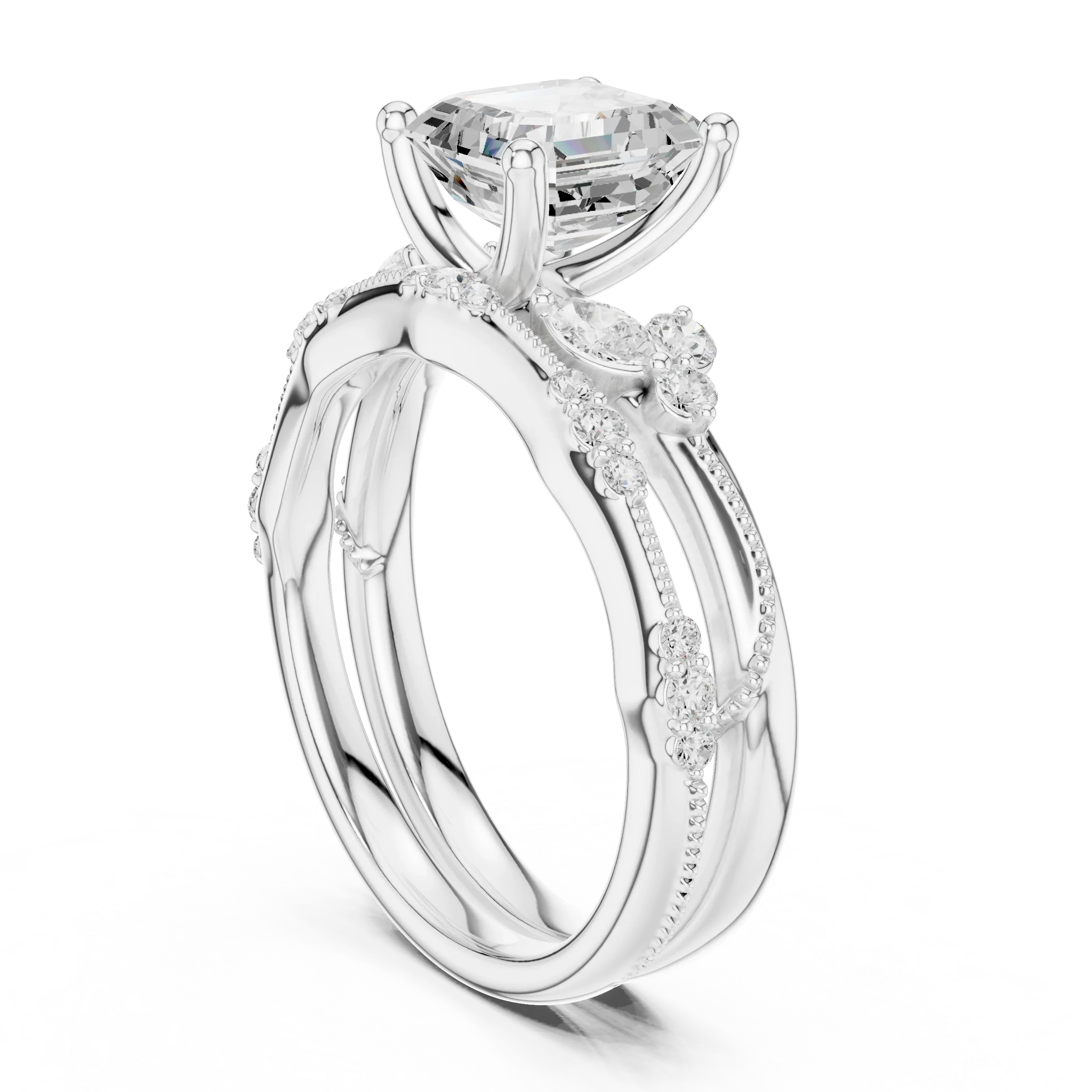 2.37 CTW Asscher Cut Moissanite Diamond Engagement Ring with Nature-Inspired Vine Band and Pear Side Accents in 14K White Gold