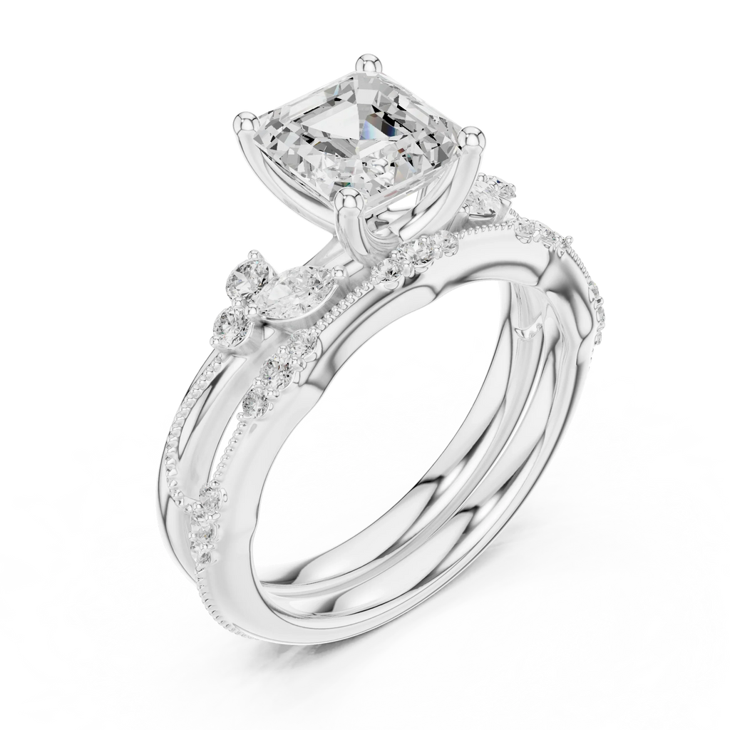 2.37 CTW Asscher Cut Moissanite Diamond Engagement Ring with Nature-Inspired Vine Band and Pear Side Accents in 14K White Gold