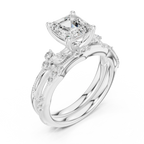2.37 CTW Asscher Cut Moissanite Diamond Engagement Ring with Nature-Inspired Vine Band and Pear Side Accents in 14K White Gold