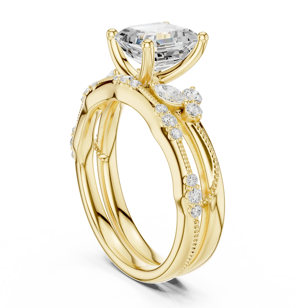 2.37 CTW Asscher Cut Moissanite Diamond Engagement Ring with Nature-Inspired Vine Band and Pear Side Accents in 14K White Gold