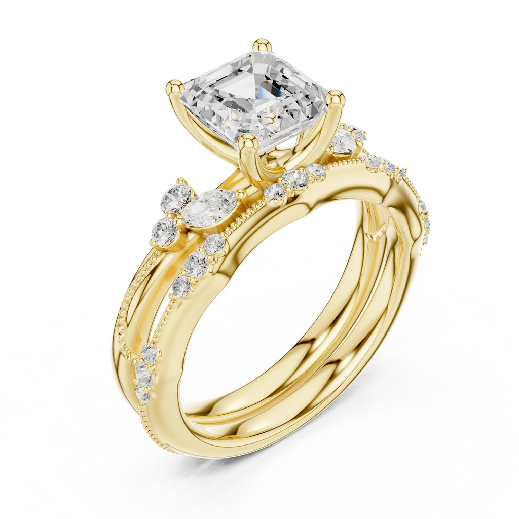 2.37 CTW Asscher Cut Moissanite Diamond Engagement Ring with Nature-Inspired Vine Band and Pear Side Accents in 14K White Gold