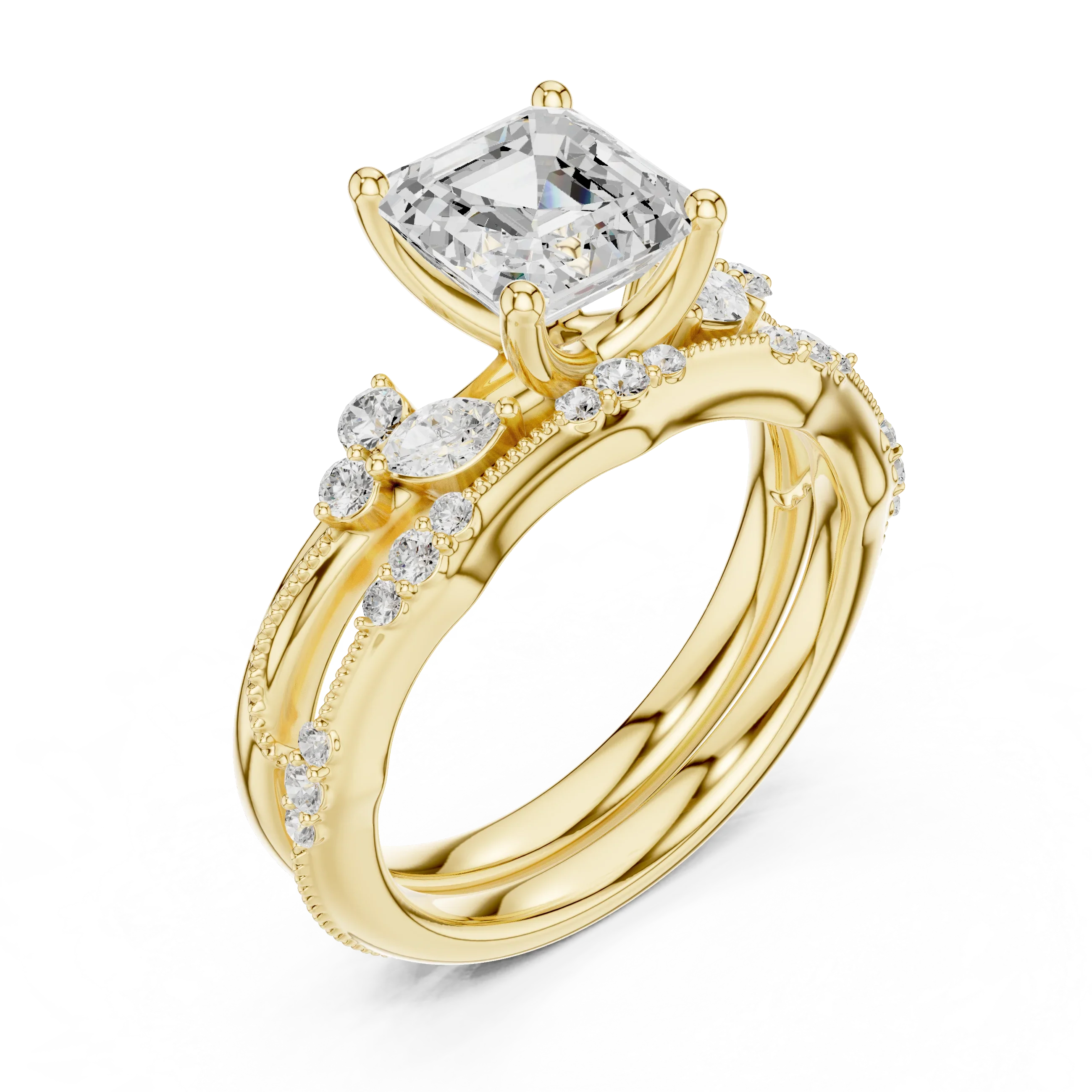 2.37 CTW Asscher Cut Moissanite Diamond Engagement Ring with Nature-Inspired Vine Band and Pear Side Accents in 14K White Gold