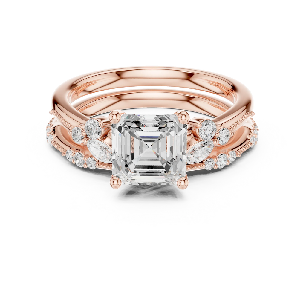 2.37 CTW Asscher Cut Moissanite Diamond Engagement Ring with Nature-Inspired Vine Band and Pear Side Accents in 14K White Gold