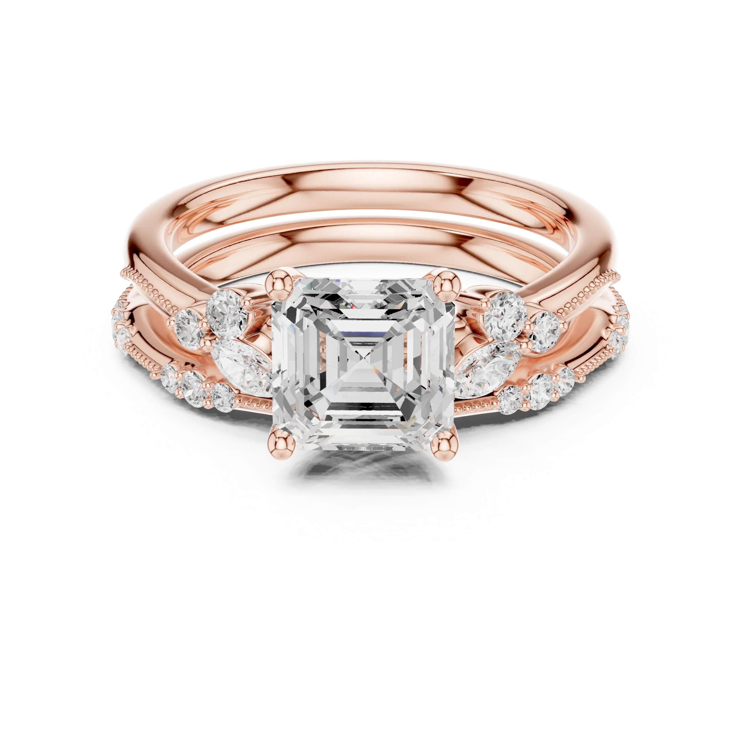 2.37 CTW Asscher Cut Moissanite Diamond Engagement Ring with Nature-Inspired Vine Band and Pear Side Accents in 14K White Gold