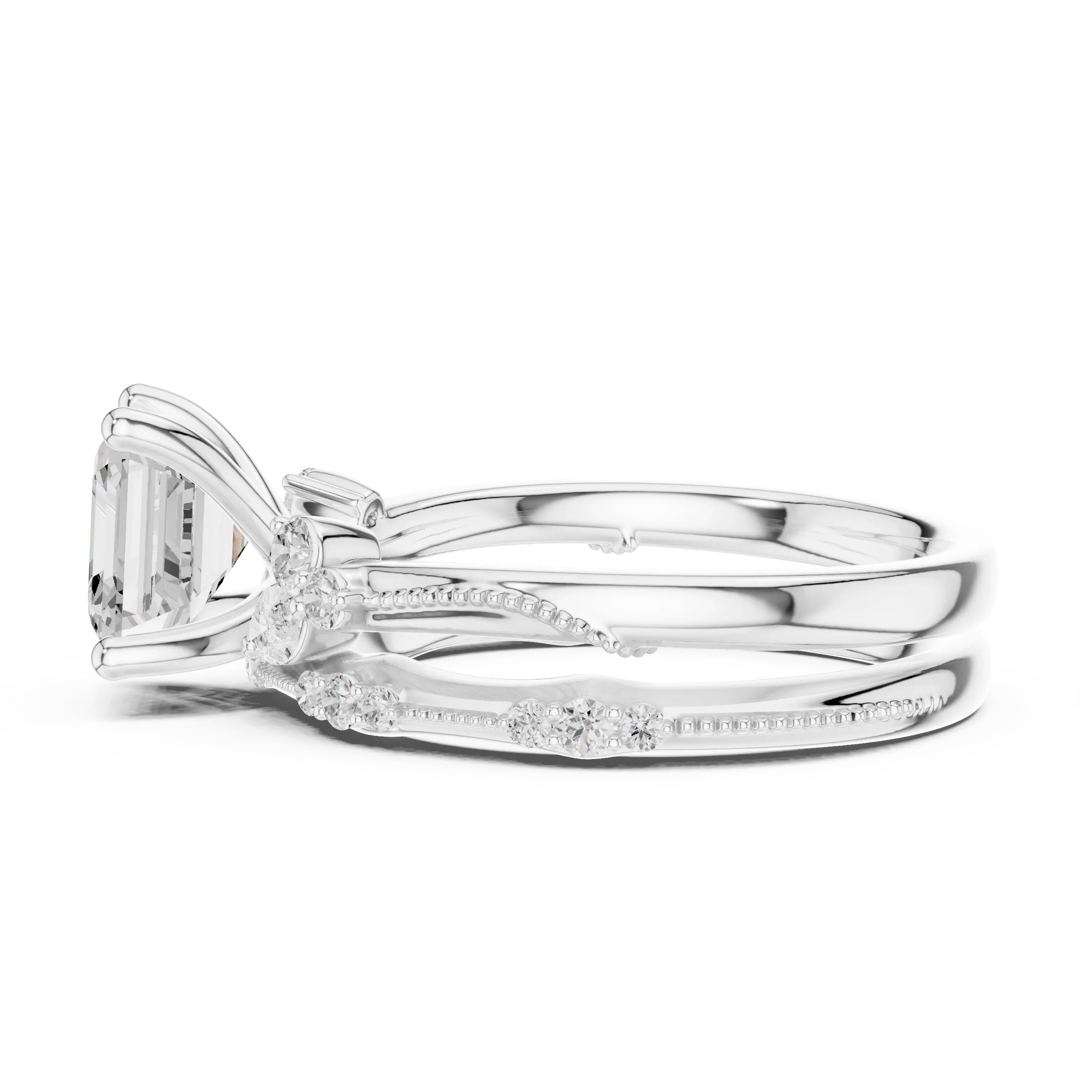 2.37 CTW Asscher Cut Moissanite Diamond Engagement Ring with Nature-Inspired Vine Band and Pear Side Accents in 14K White Gold