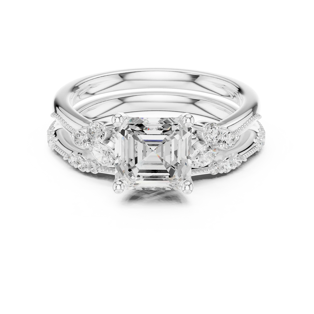 2.37 CTW Asscher Cut Moissanite Diamond Engagement Ring with Nature-Inspired Vine Band and Pear Side Accents in 14K White Gold