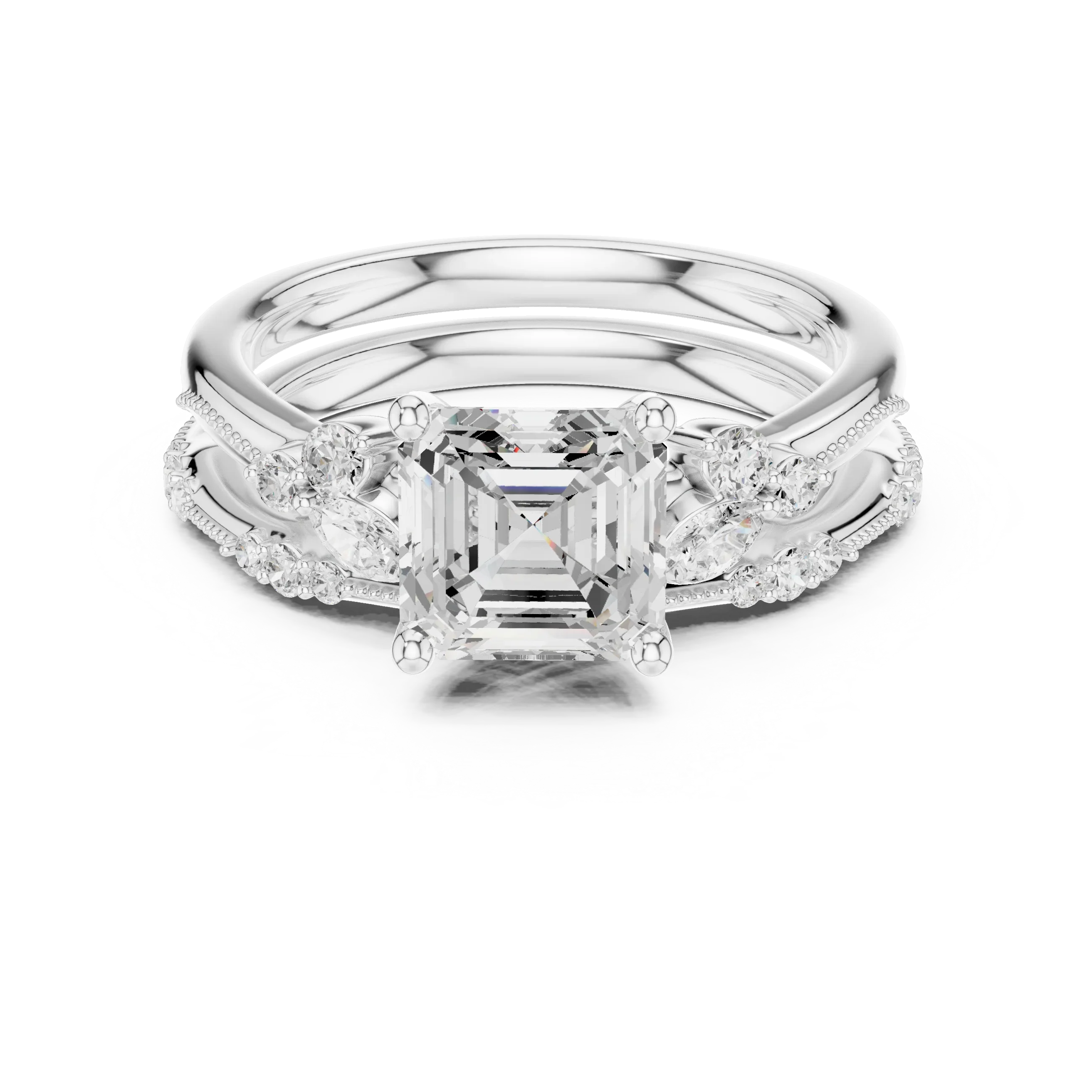 2.37 CTW Asscher Cut Moissanite Diamond Engagement Ring with Nature-Inspired Vine Band and Pear Side Accents in 14K White Gold