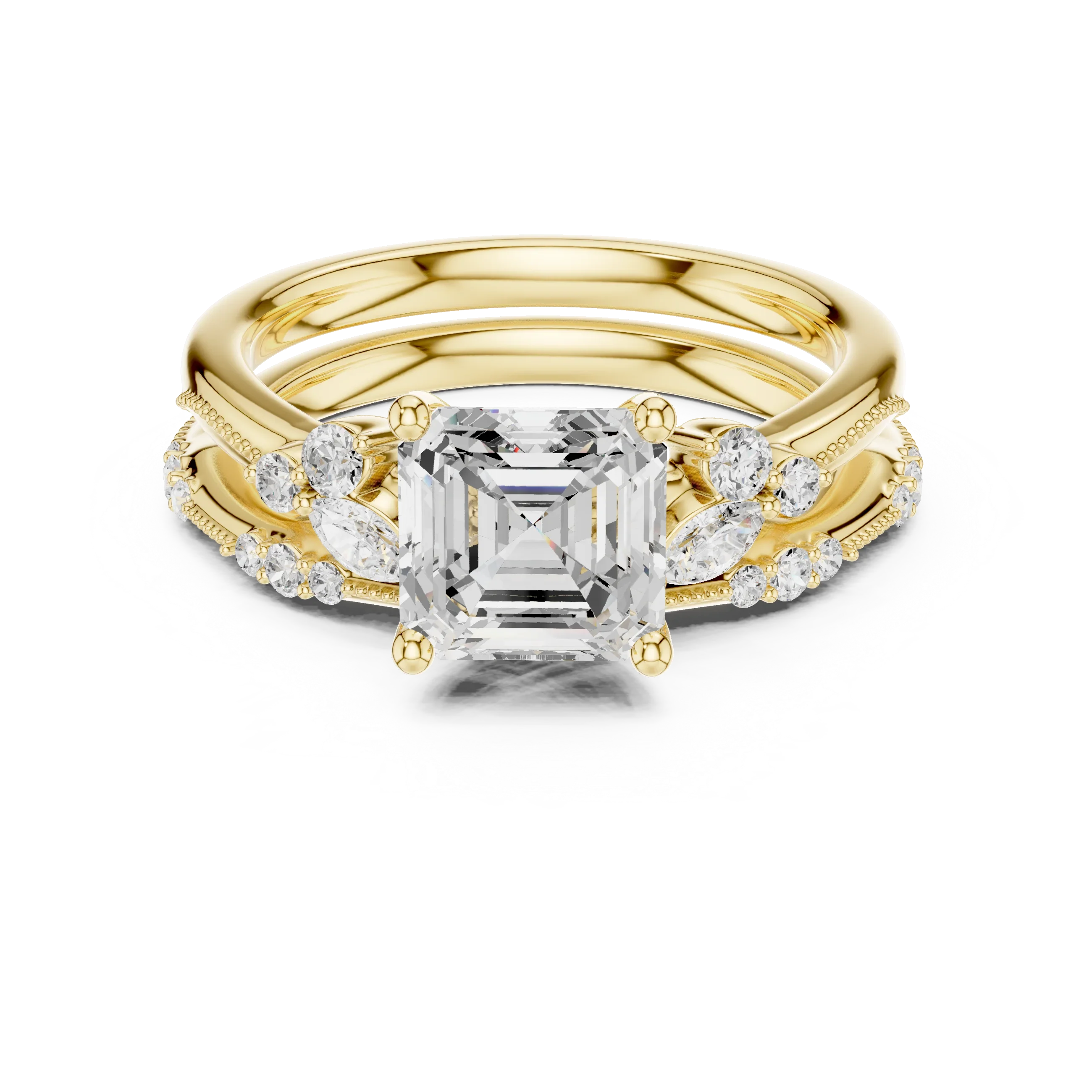 2.37 CTW Asscher Cut Moissanite Diamond Engagement Ring with Nature-Inspired Vine Band and Pear Side Accents in 14K White Gold