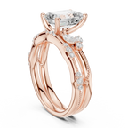 2.37 CTW Emerald Cut Moissanite Diamond Engagement Ring with Nature-Inspired Vine Band and Pear Side Accents in 14K White Gold