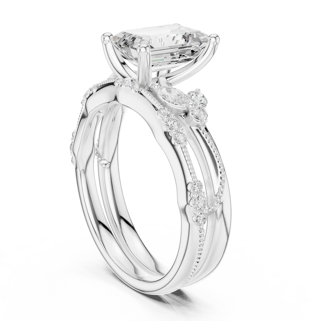 2.37 CTW Emerald Cut Moissanite Diamond Engagement Ring with Nature-Inspired Vine Band and Pear Side Accents in 14K White Gold
