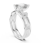 2.37 CTW Emerald Cut Moissanite Diamond Engagement Ring with Nature-Inspired Vine Band and Pear Side Accents in 14K White Gold