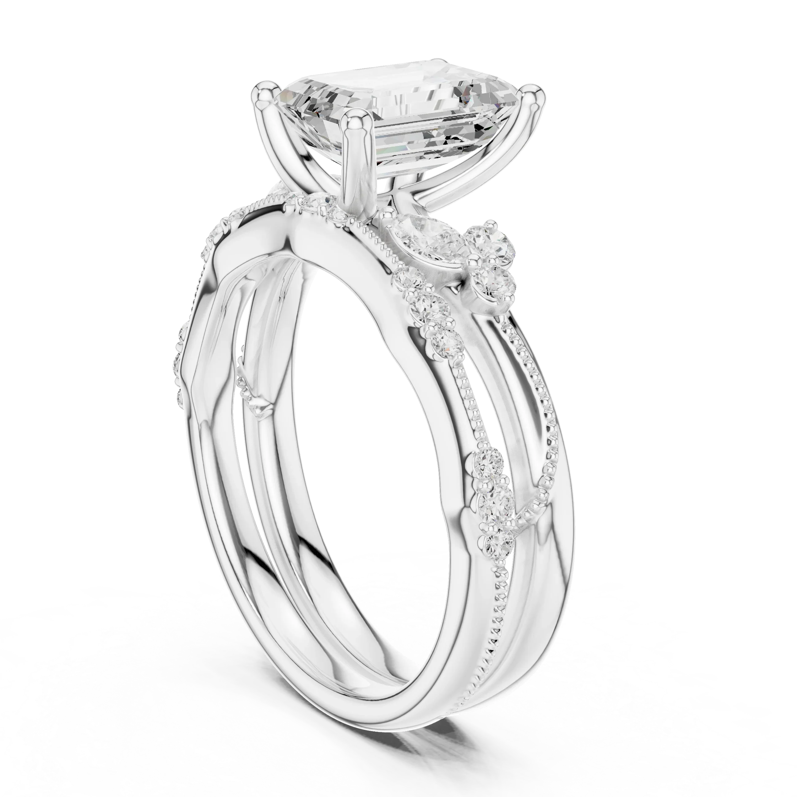 2.37 CTW Emerald Cut Moissanite Diamond Engagement Ring with Nature-Inspired Vine Band and Pear Side Accents in 14K White Gold