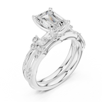 2.37 CTW Emerald Cut Moissanite Diamond Engagement Ring with Nature-Inspired Vine Band and Pear Side Accents in 14K White Gold