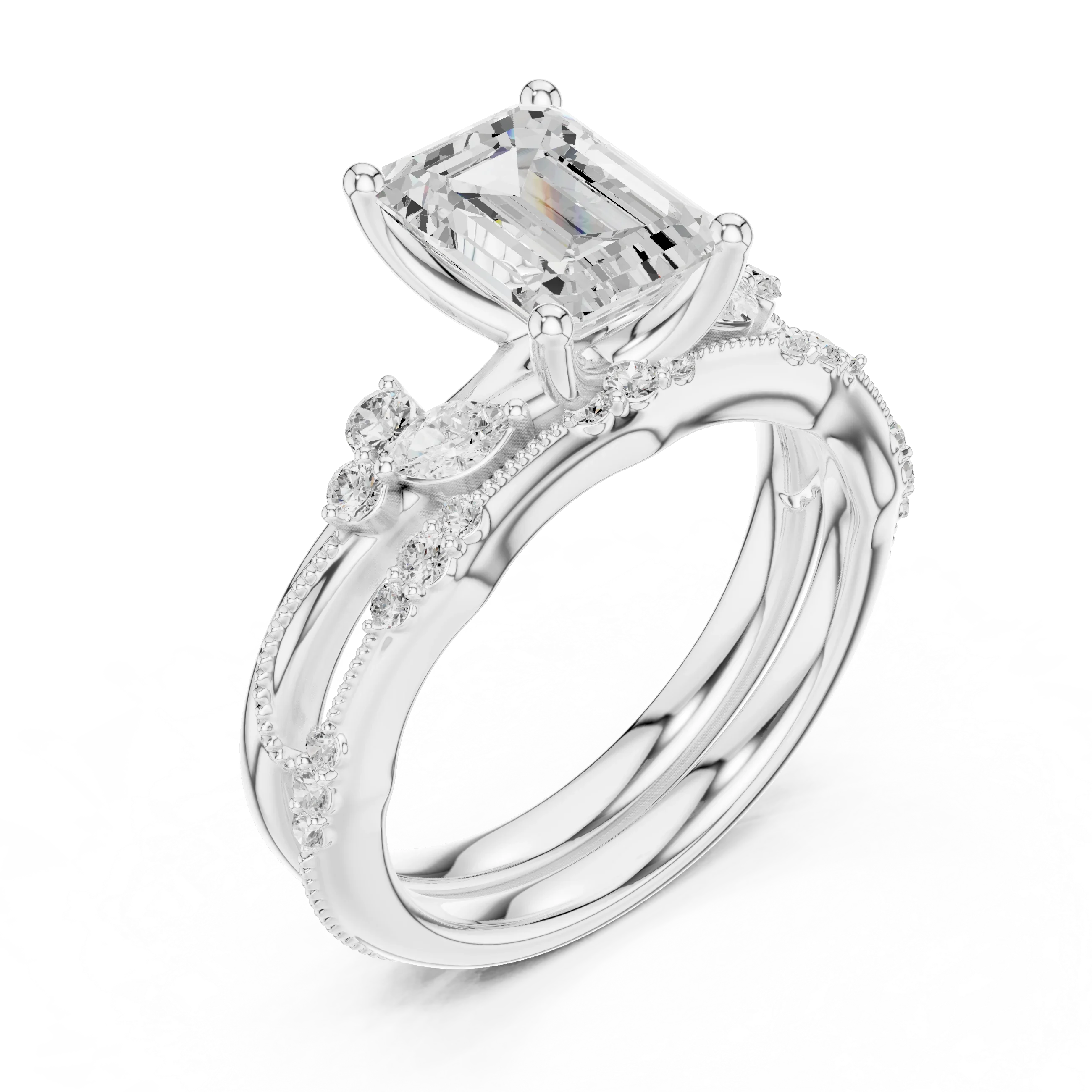 2.37 CTW Emerald Cut Moissanite Diamond Engagement Ring with Nature-Inspired Vine Band and Pear Side Accents in 14K White Gold