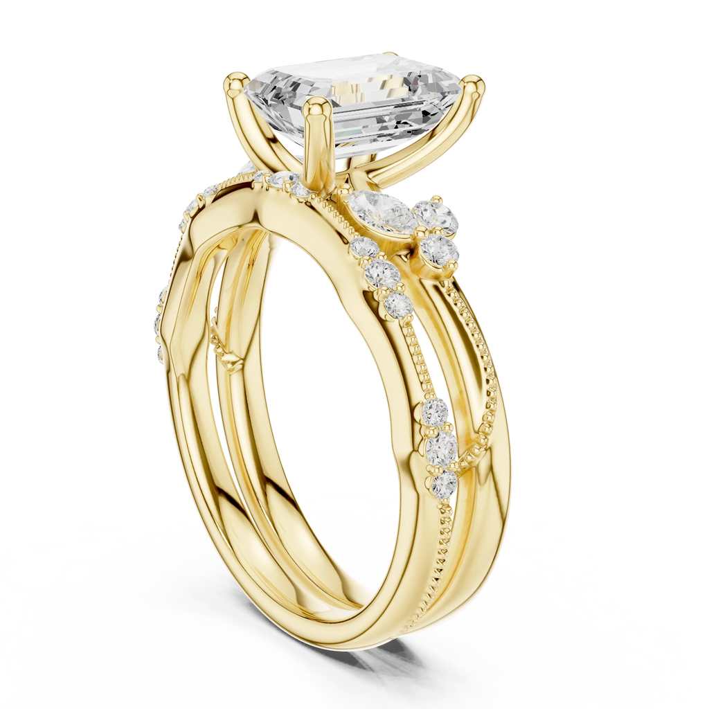 2.37 CTW Emerald Cut Moissanite Diamond Engagement Ring with Nature-Inspired Vine Band and Pear Side Accents in 14K White Gold