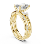 2.37 CTW Emerald Cut Moissanite Diamond Engagement Ring with Nature-Inspired Vine Band and Pear Side Accents in 14K White Gold
