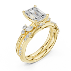 2.37 CTW Emerald Cut Moissanite Diamond Engagement Ring with Nature-Inspired Vine Band and Pear Side Accents in 14K White Gold