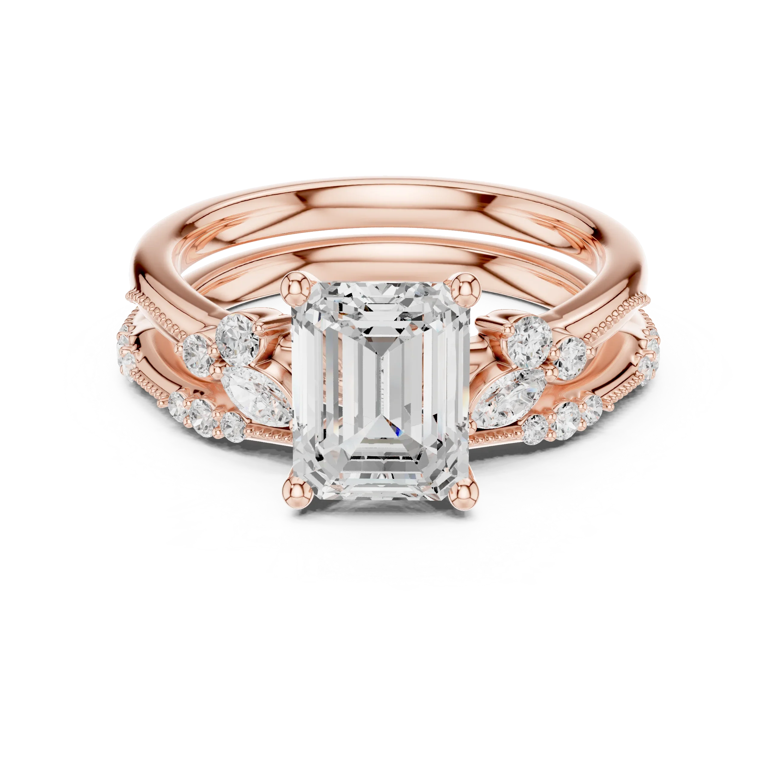 2.37 CTW Emerald Cut Moissanite Diamond Engagement Ring with Nature-Inspired Vine Band and Pear Side Accents in 14K White Gold