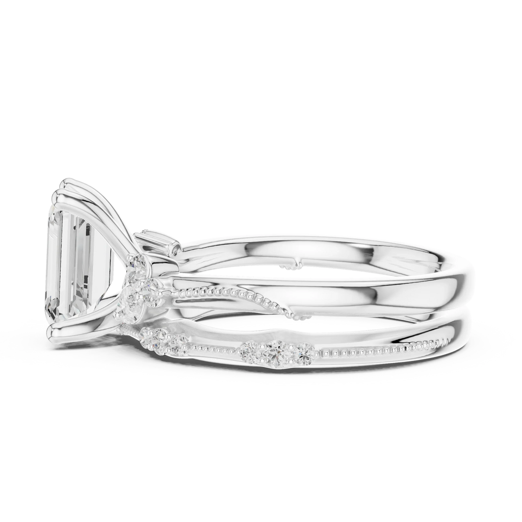 2.37 CTW Emerald Cut Moissanite Diamond Engagement Ring with Nature-Inspired Vine Band and Pear Side Accents in 14K White Gold