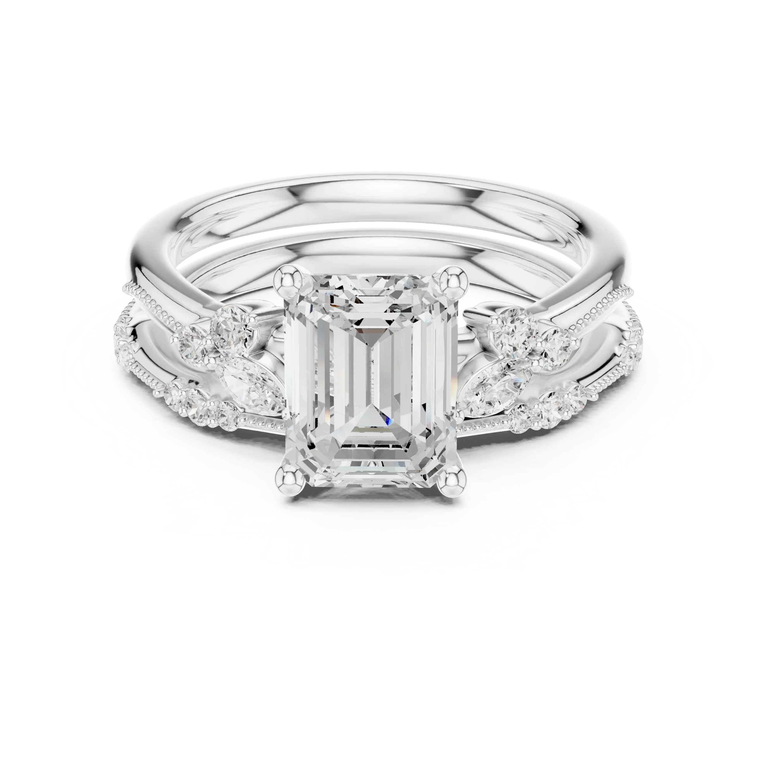 2.37 CTW Emerald Cut Moissanite Diamond Engagement Ring with Nature-Inspired Vine Band and Pear Side Accents in 14K White Gold