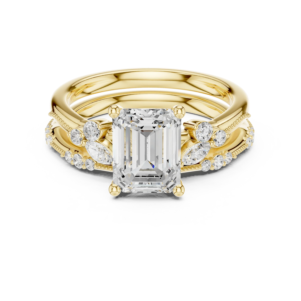 2.37 CTW Emerald Cut Moissanite Diamond Engagement Ring with Nature-Inspired Vine Band and Pear Side Accents in 14K White Gold
