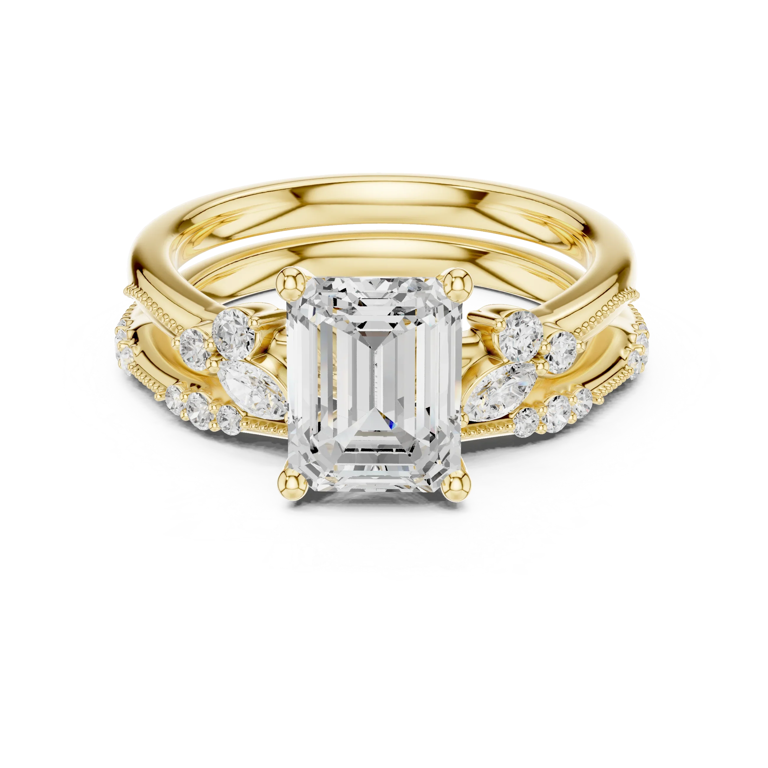 2.37 CTW Emerald Cut Moissanite Diamond Engagement Ring with Nature-Inspired Vine Band and Pear Side Accents in 14K White Gold