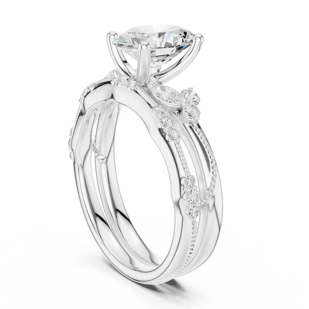 2.37 CTW Oval Cut Moissanite Diamond Engagement Ring with Nature-Inspired Vine Band and Pear Side Accents in 14K White Gold