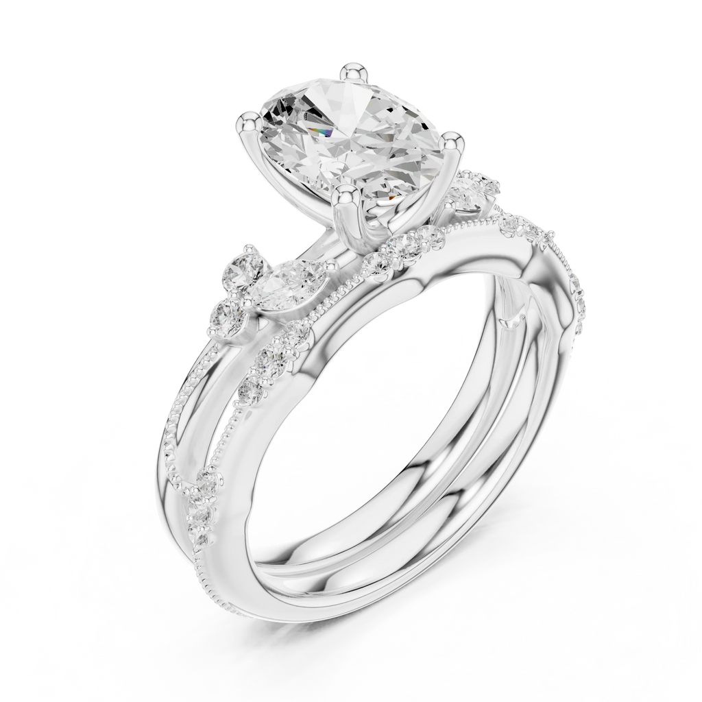 2.37 CTW Oval Cut Moissanite Diamond Engagement Ring with Nature-Inspired Vine Band and Pear Side Accents in 14K White Gold