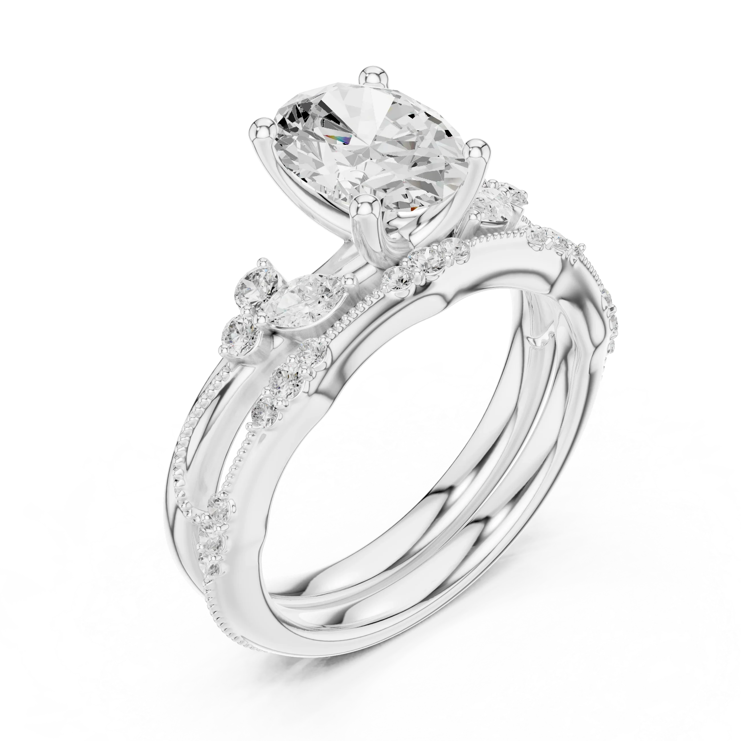 2.37 CTW Oval Cut Moissanite Diamond Engagement Ring with Nature-Inspired Vine Band and Pear Side Accents in 14K White Gold