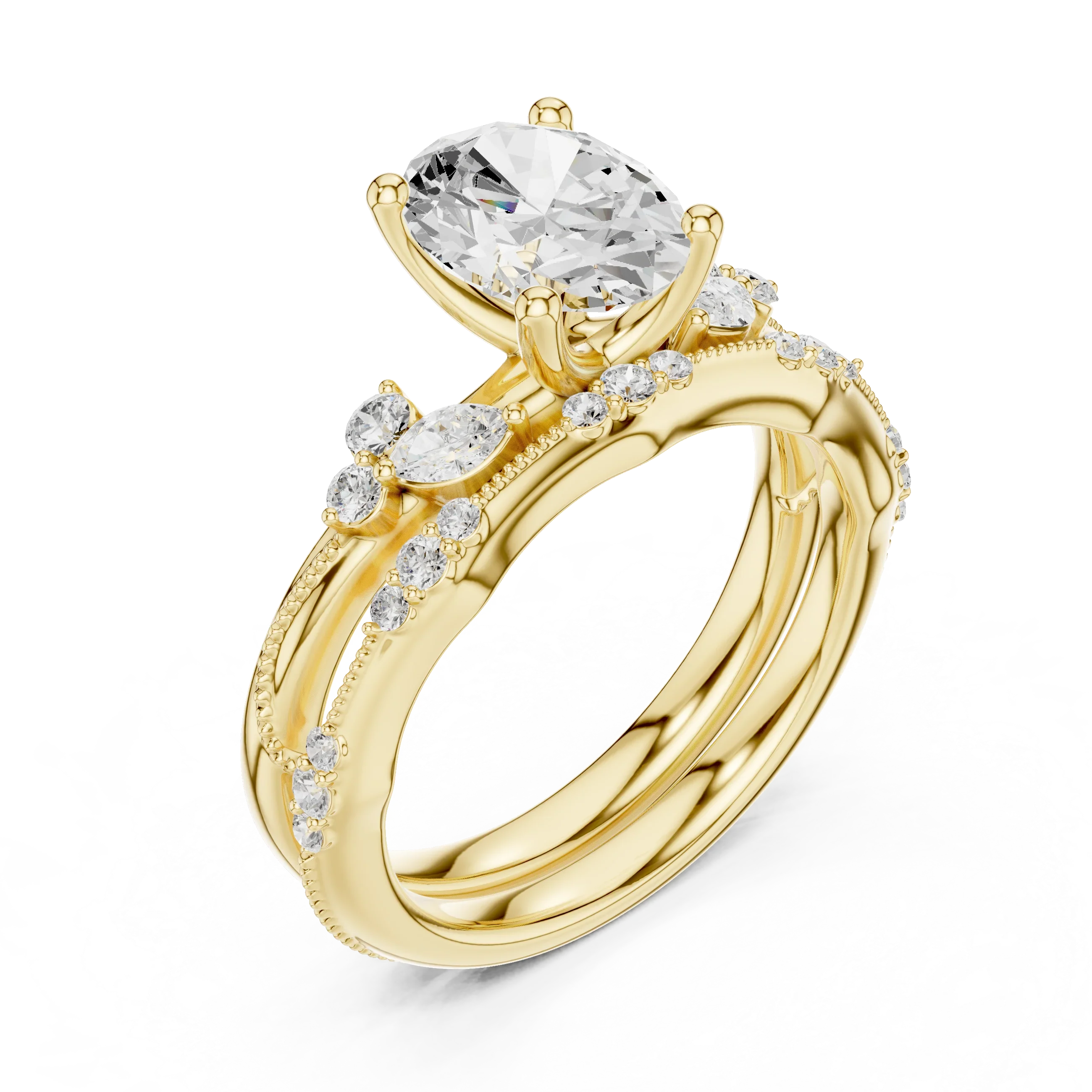 2.37 CTW Oval Cut Moissanite Diamond Engagement Ring with Nature-Inspired Vine Band and Pear Side Accents in 14K White Gold