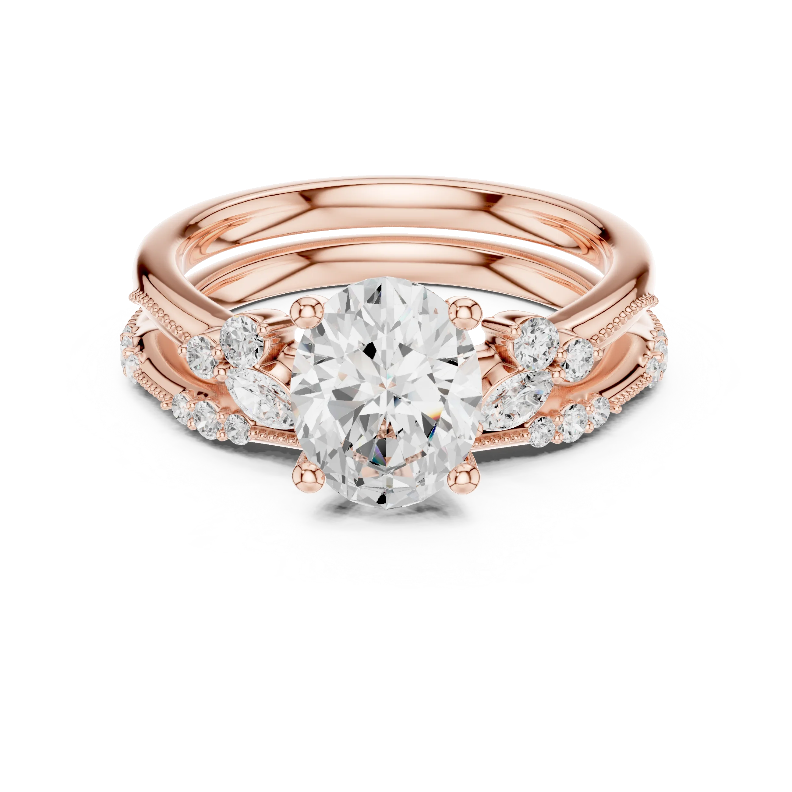 2.37 CTW Oval Cut Moissanite Diamond Engagement Ring with Nature-Inspired Vine Band and Pear Side Accents in 14K White Gold