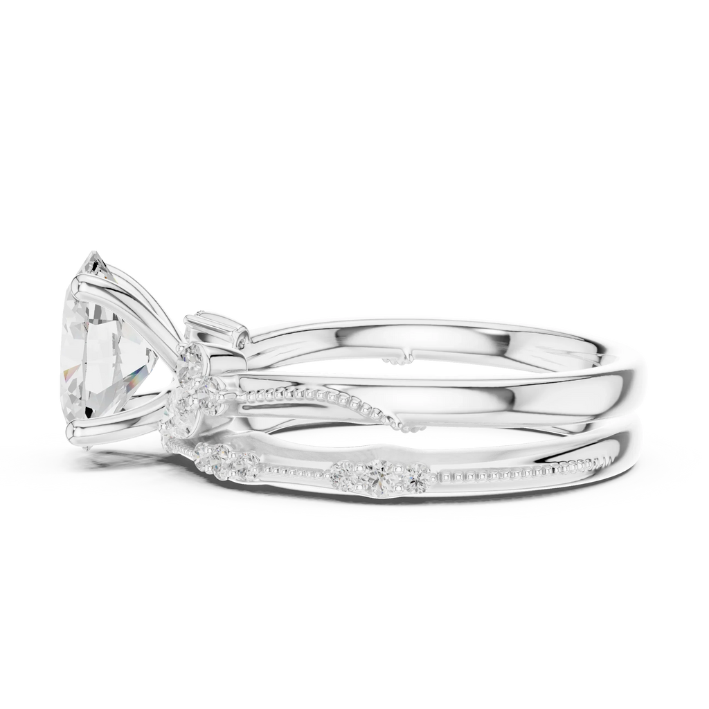 2.37 CTW Oval Cut Moissanite Diamond Engagement Ring with Nature-Inspired Vine Band and Pear Side Accents in 14K White Gold
