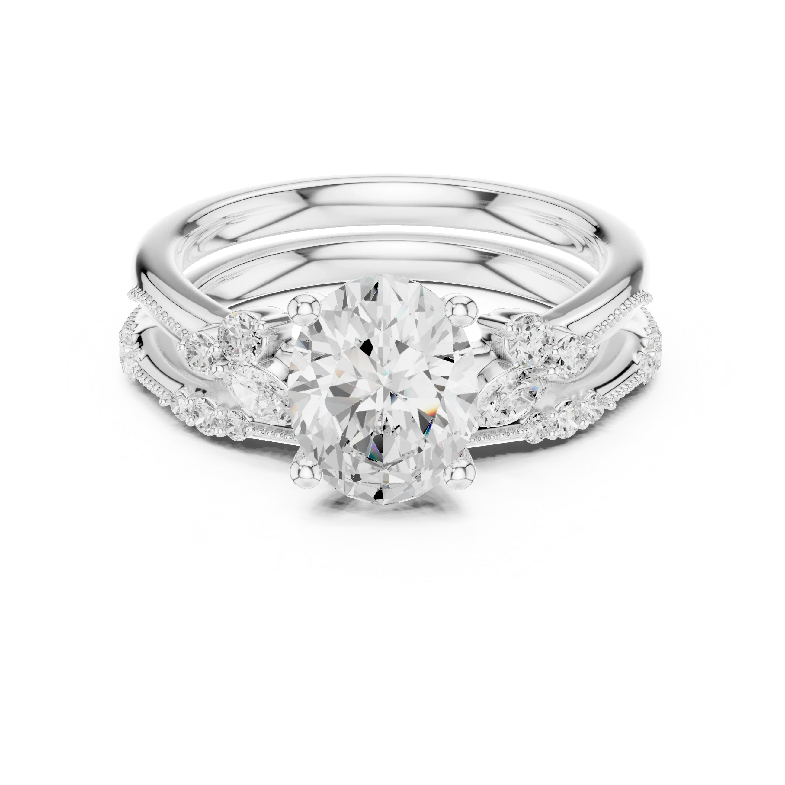 2.37 CTW Oval Cut Moissanite Diamond Engagement Ring with Nature-Inspired Vine Band and Pear Side Accents in 14K White Gold