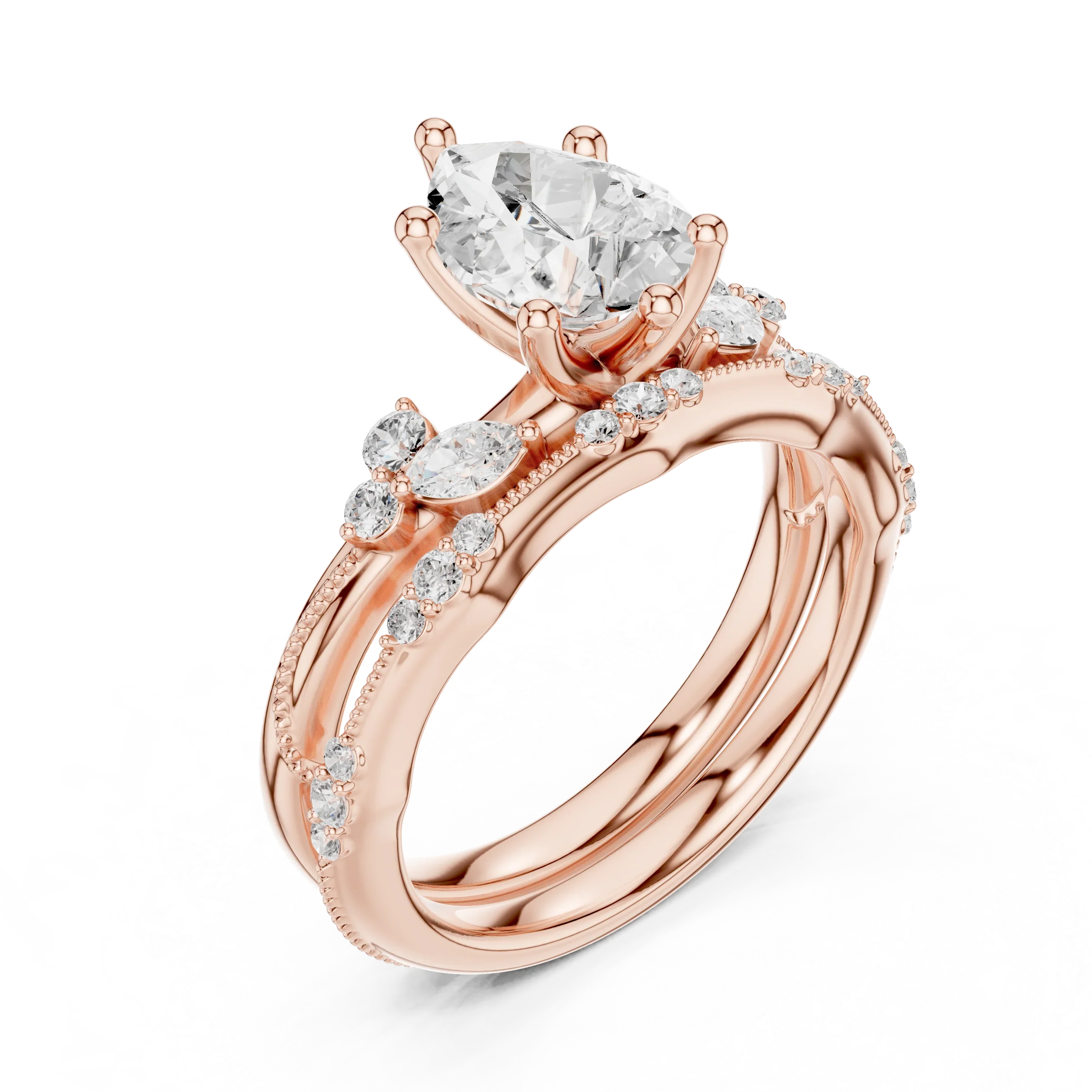 2.37 CTW Pear Cut Moissanite Diamond Engagement Ring with Nature-Inspired Vine Band and Pear Side Accents in 14K White Gold