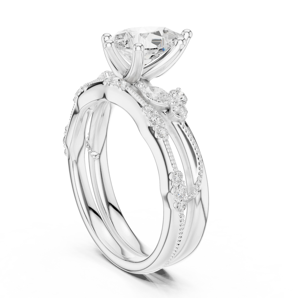 2.37 CTW Pear Cut Moissanite Diamond Engagement Ring with Nature-Inspired Vine Band and Pear Side Accents in 14K White Gold