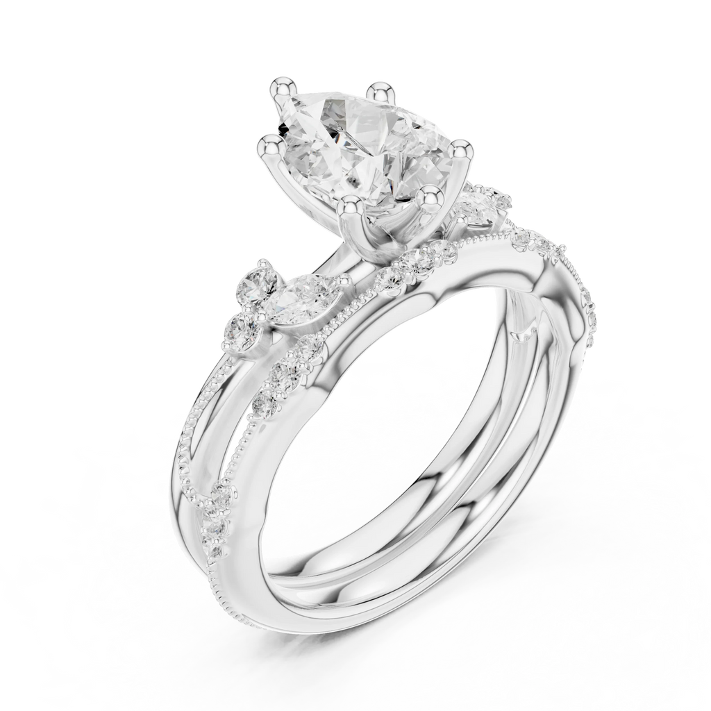 2.37 CTW Pear Cut Moissanite Diamond Engagement Ring with Nature-Inspired Vine Band and Pear Side Accents in 14K White Gold