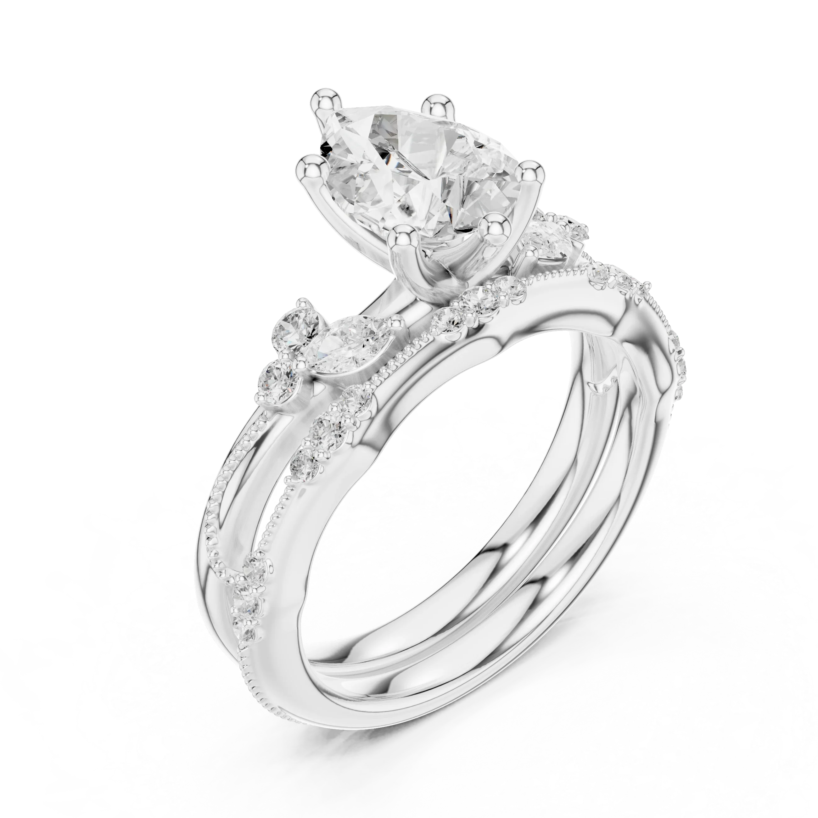 2.37 CTW Pear Cut Moissanite Diamond Engagement Ring with Nature-Inspired Vine Band and Pear Side Accents in 14K White Gold