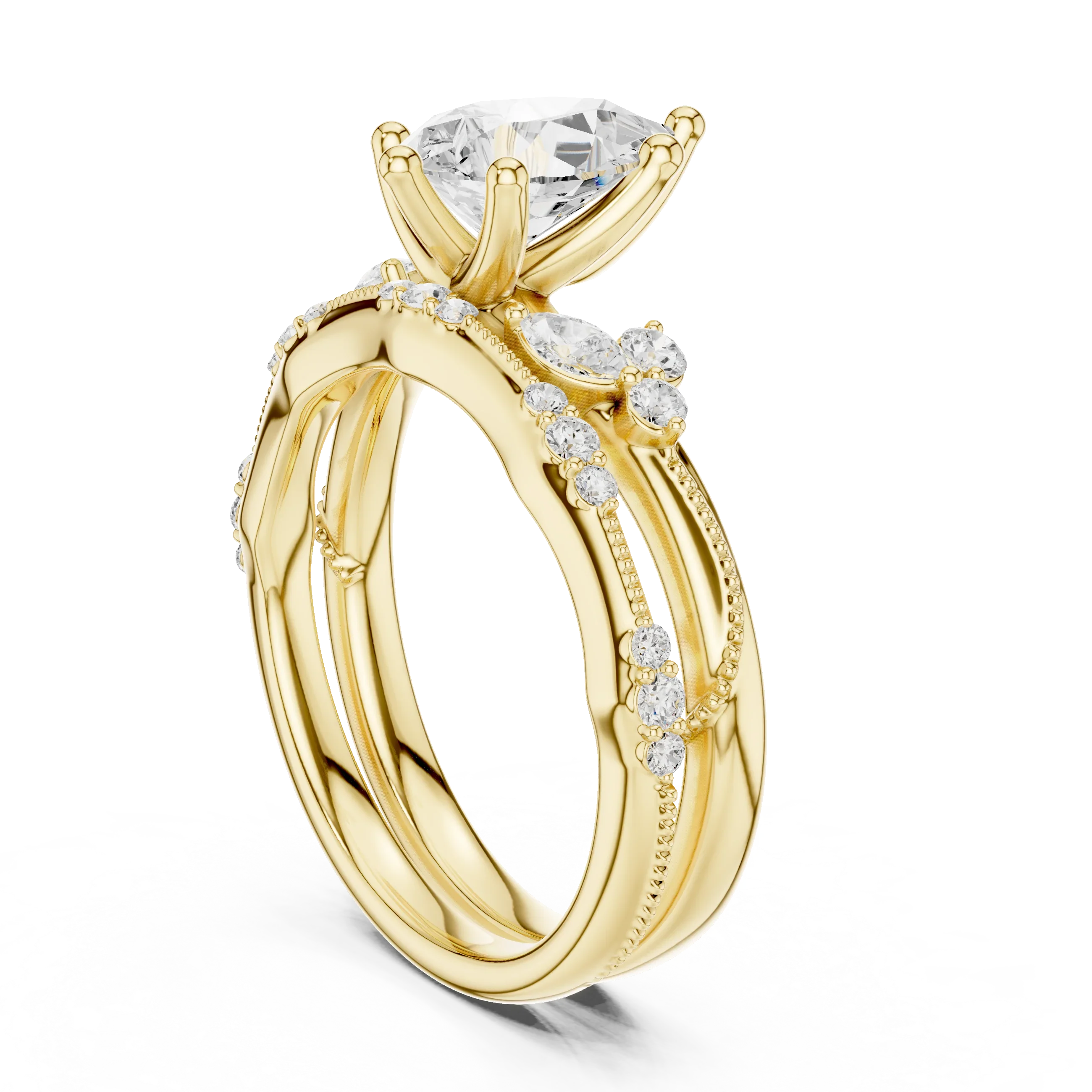 2.37 CTW Pear Cut Moissanite Diamond Engagement Ring with Nature-Inspired Vine Band and Pear Side Accents in 14K White Gold
