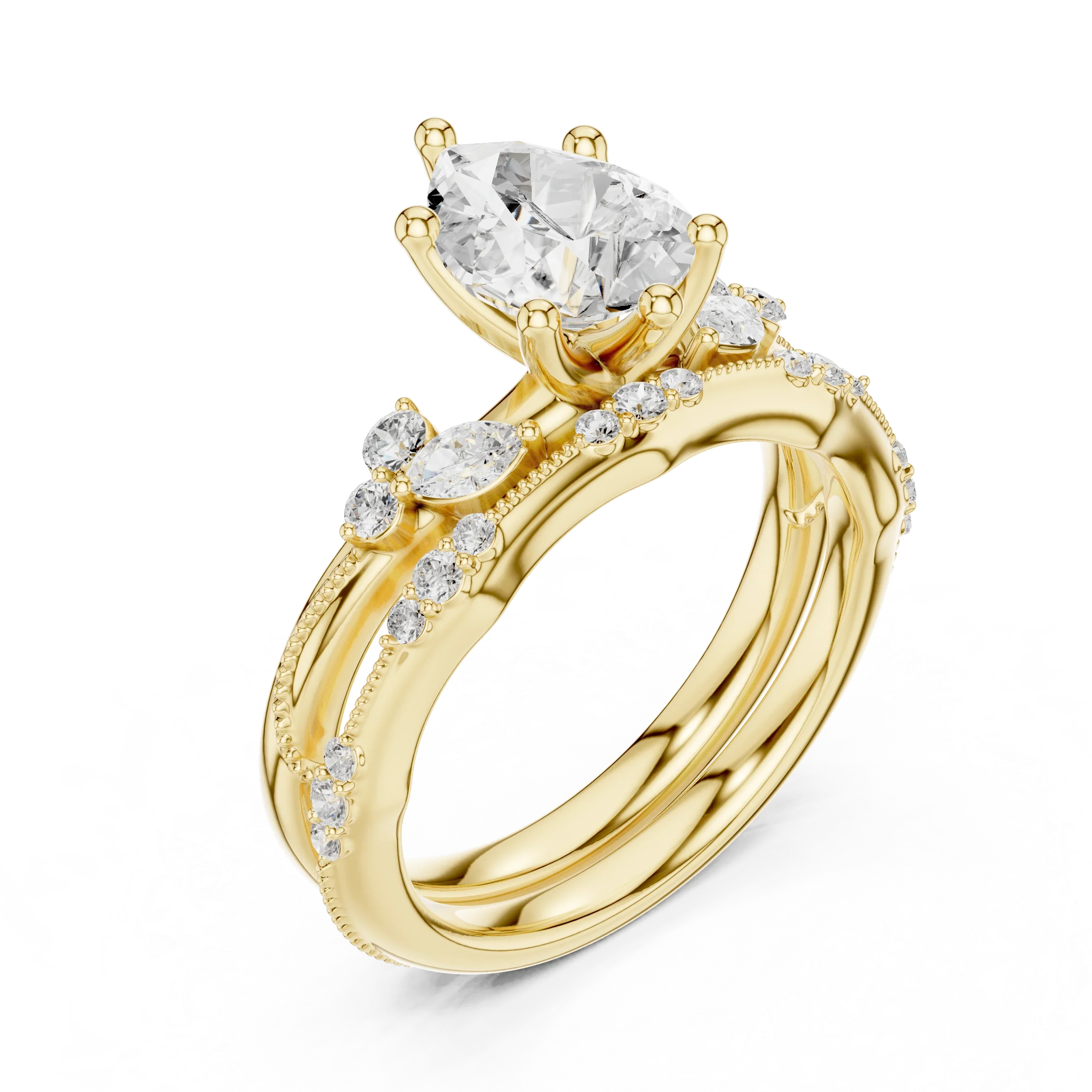 2.37 CTW Pear Cut Moissanite Diamond Engagement Ring with Nature-Inspired Vine Band and Pear Side Accents in 14K White Gold