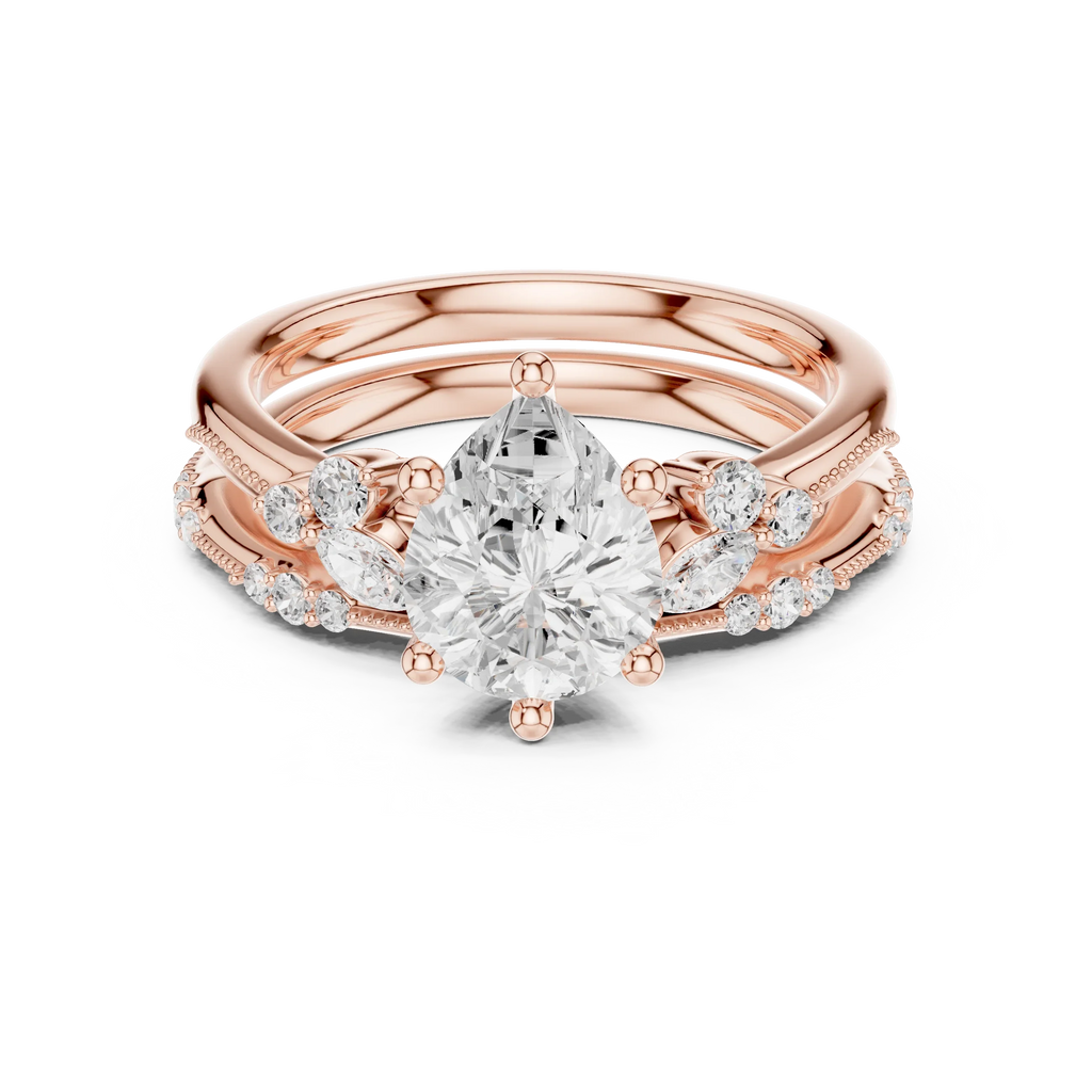 2.37 CTW Pear Cut Moissanite Diamond Engagement Ring with Nature-Inspired Vine Band and Pear Side Accents in 14K White Gold
