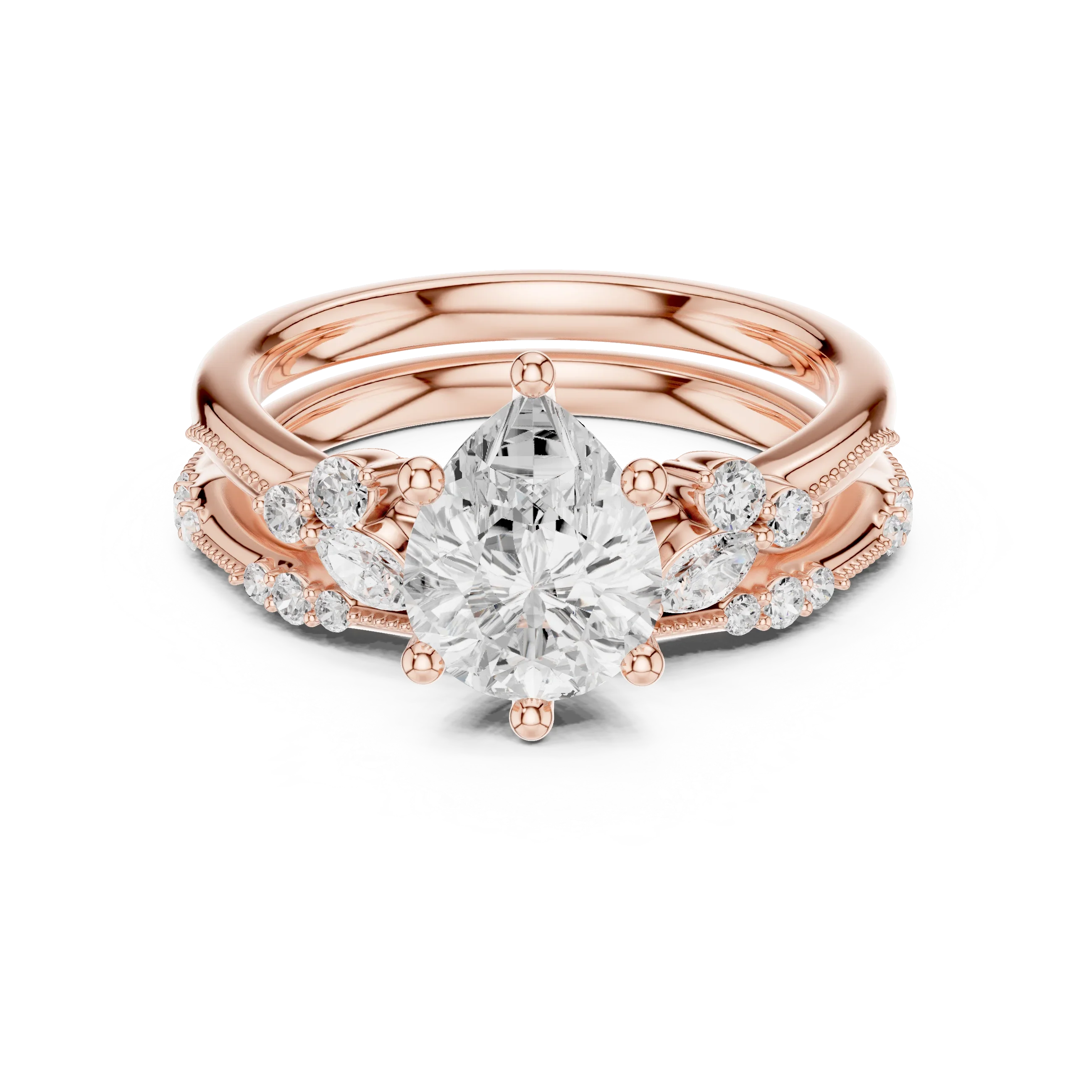 2.37 CTW Pear Cut Moissanite Diamond Engagement Ring with Nature-Inspired Vine Band and Pear Side Accents in 14K White Gold