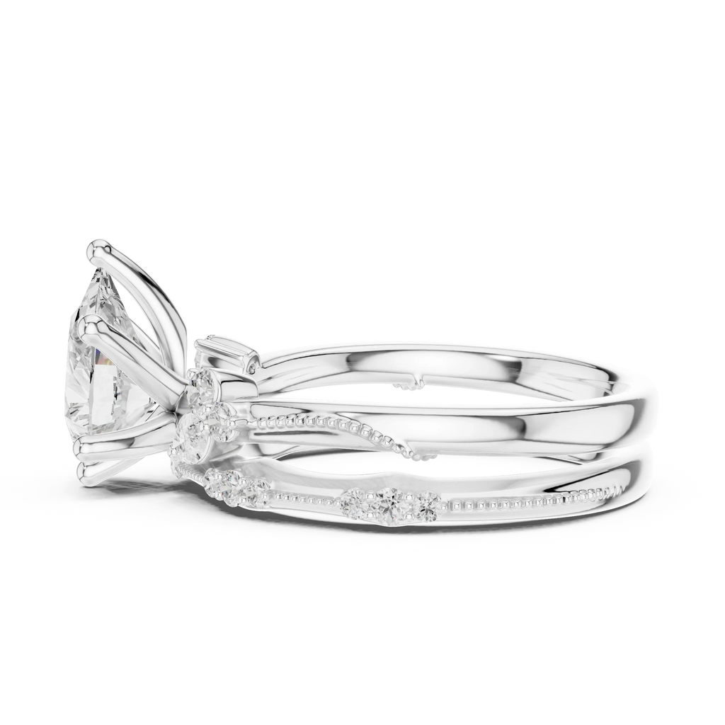 2.37 CTW Pear Cut Moissanite Diamond Engagement Ring with Nature-Inspired Vine Band and Pear Side Accents in 14K White Gold