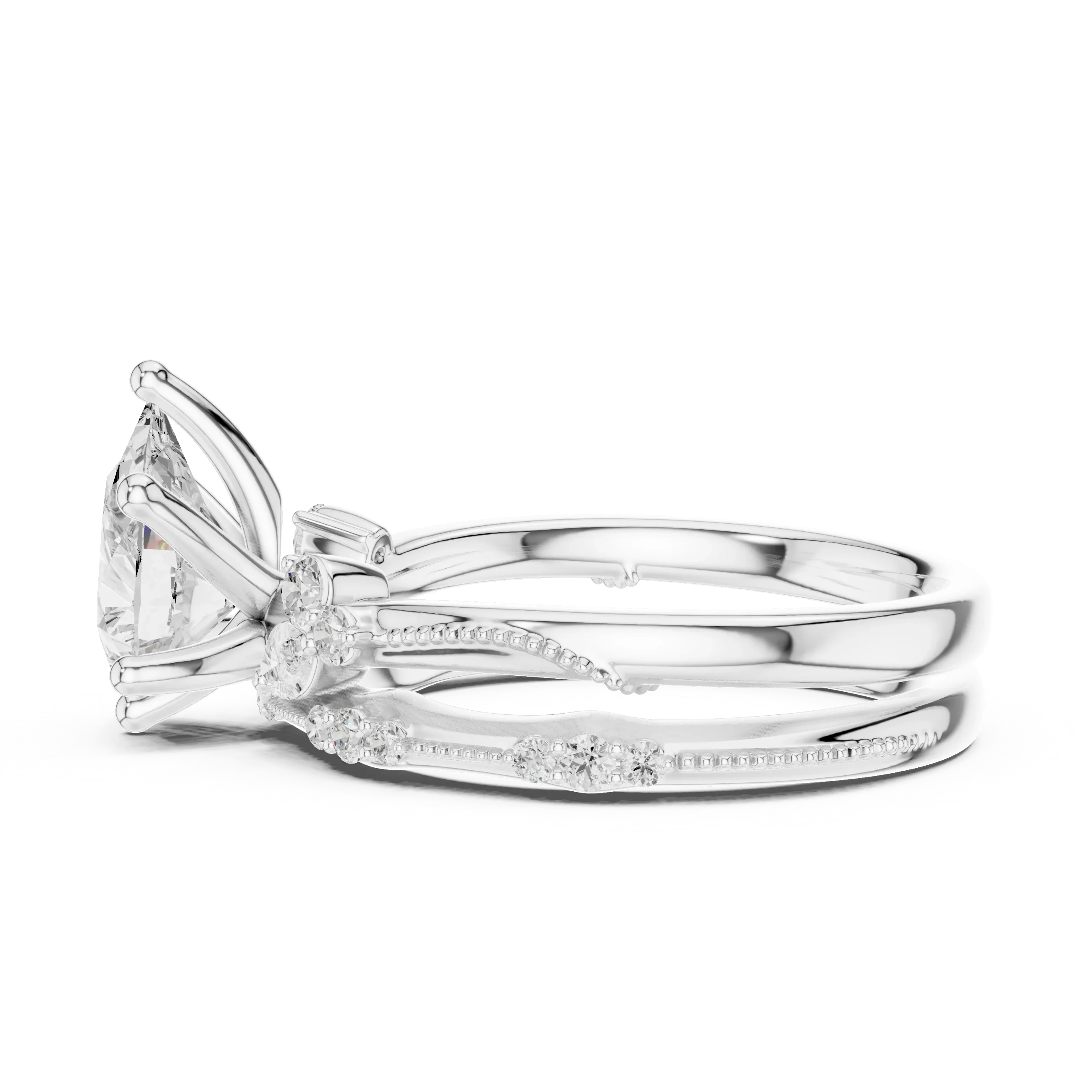 2.37 CTW Pear Cut Moissanite Diamond Engagement Ring with Nature-Inspired Vine Band and Pear Side Accents in 14K White Gold