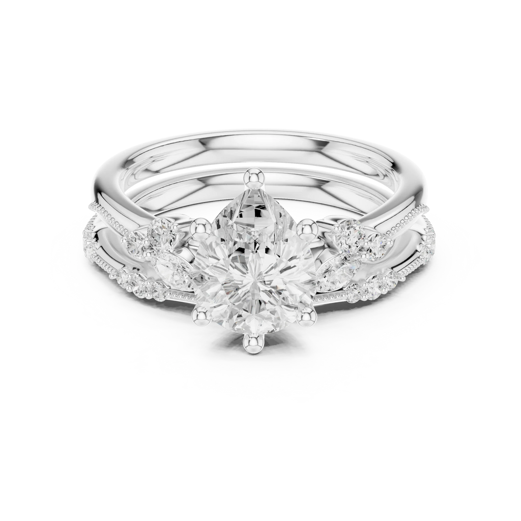2.37 CTW Pear Cut Moissanite Diamond Engagement Ring with Nature-Inspired Vine Band and Pear Side Accents in 14K White Gold