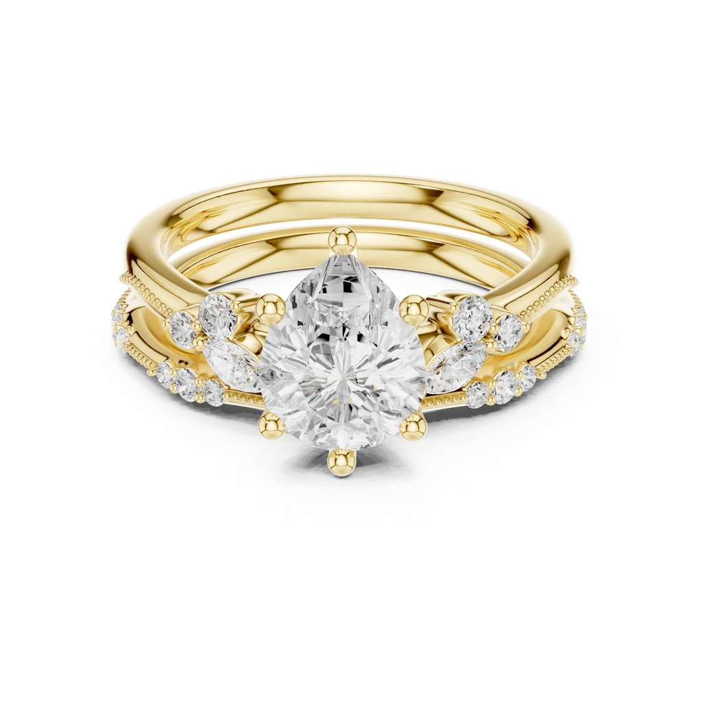 2.37 CTW Pear Cut Moissanite Diamond Engagement Ring with Nature-Inspired Vine Band and Pear Side Accents in 14K White Gold