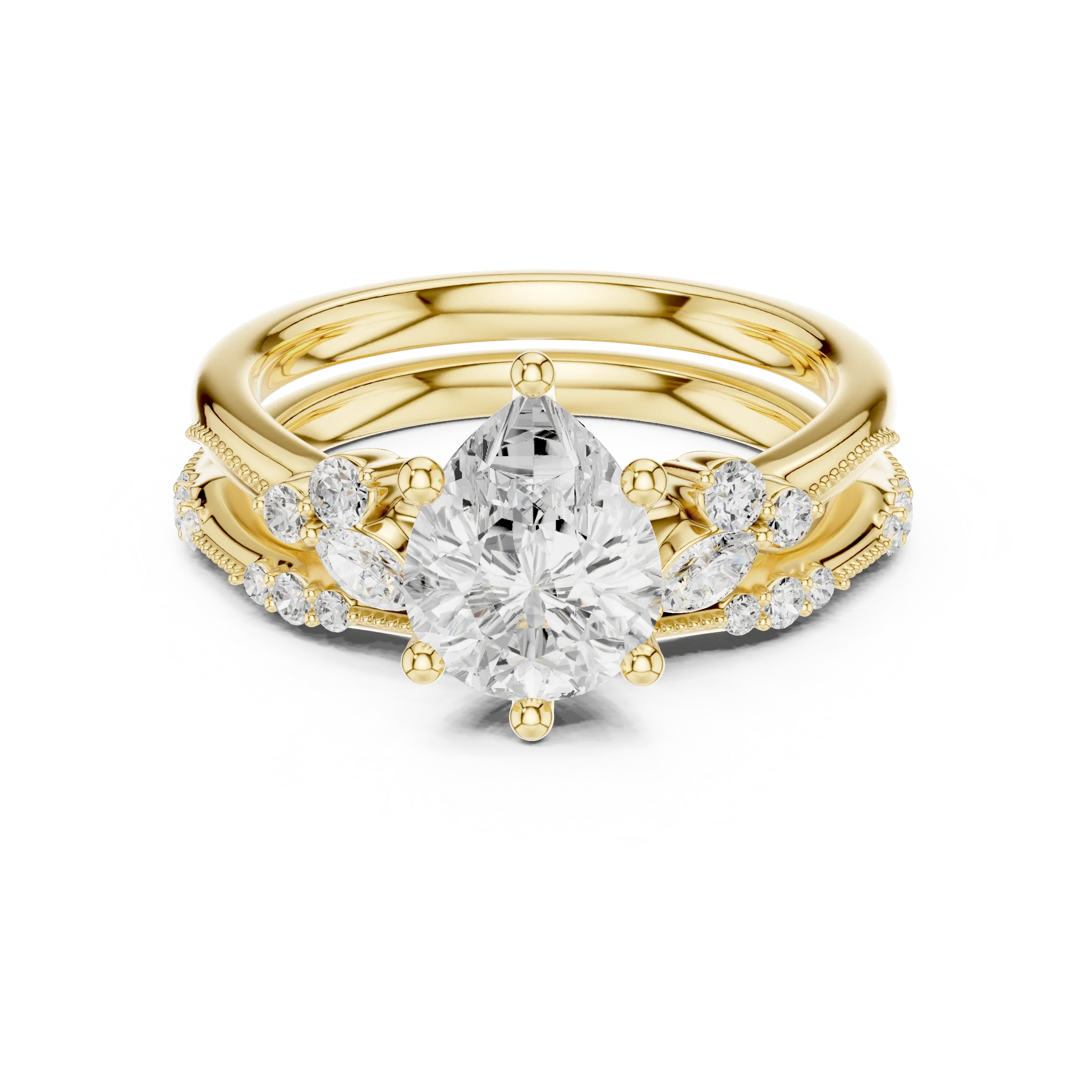 2.37 CTW Pear Cut Moissanite Diamond Engagement Ring with Nature-Inspired Vine Band and Pear Side Accents in 14K White Gold