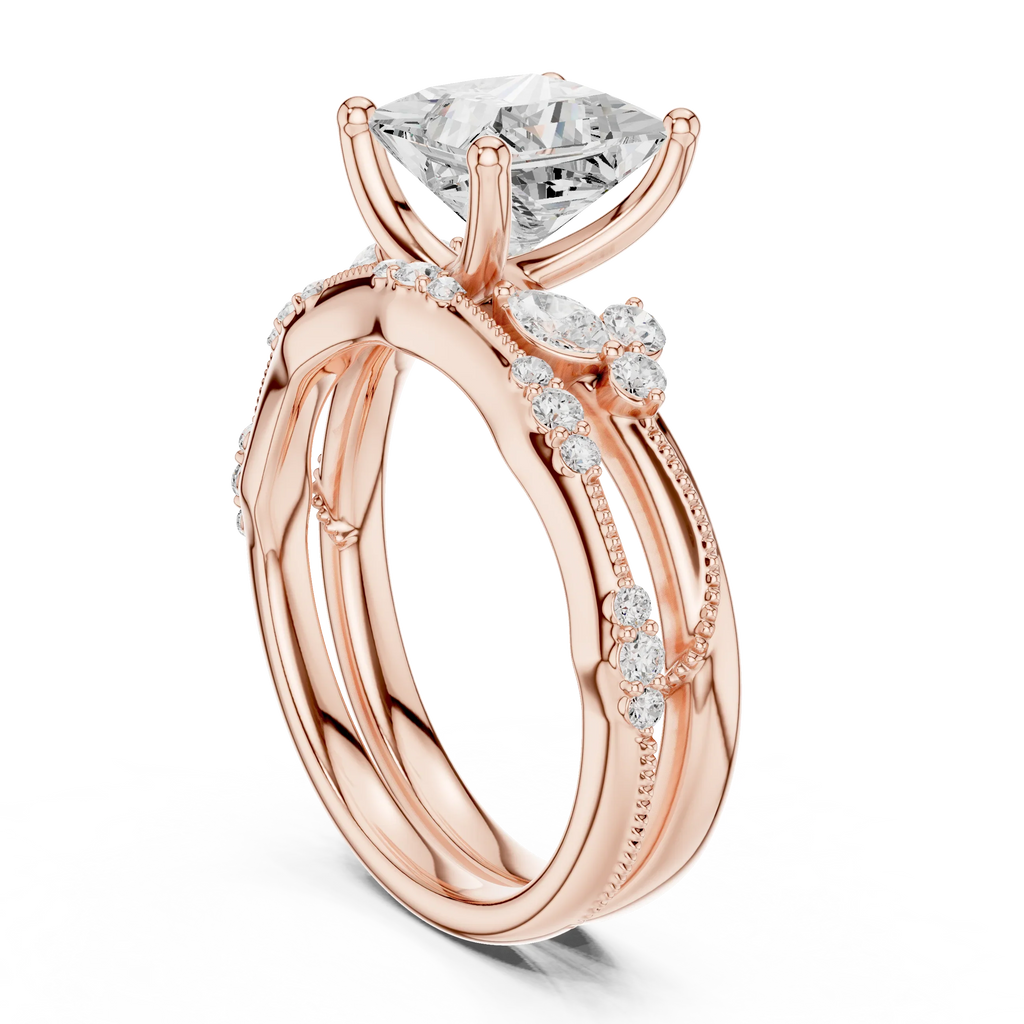 2.37 CTW Princess Cut Moissanite Diamond Engagement Ring with Nature-Inspired Vine Band and Pear Side Accents in 14K White Gold
