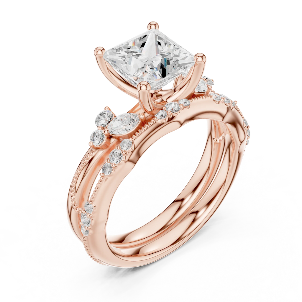 2.37 CTW Princess Cut Moissanite Diamond Engagement Ring with Nature-Inspired Vine Band and Pear Side Accents in 14K White Gold