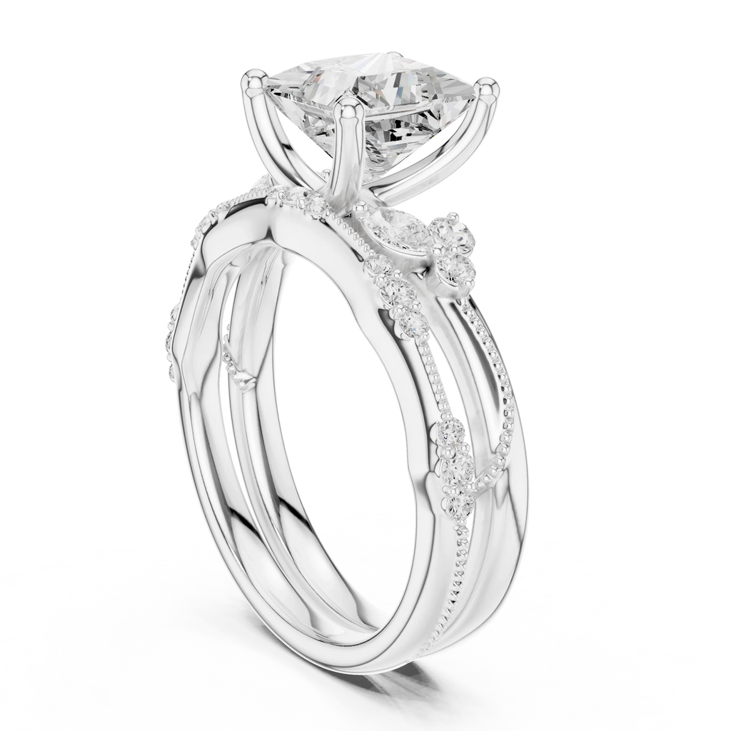 2.37 CTW Princess Cut Moissanite Diamond Engagement Ring with Nature-Inspired Vine Band and Pear Side Accents in 14K White Gold
